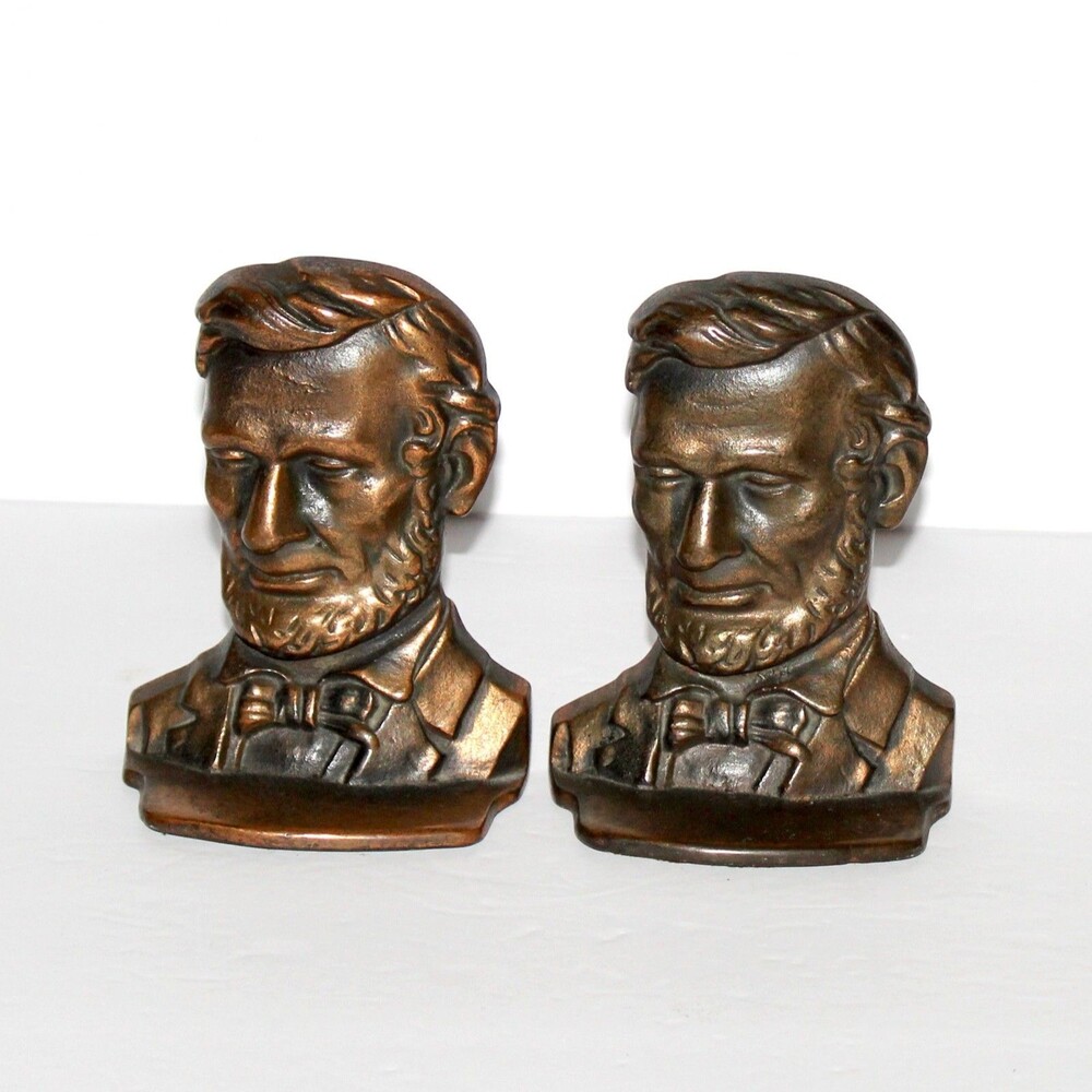 Vintage pair Abraham Lincoln Bookends cast iron bronze finish patina